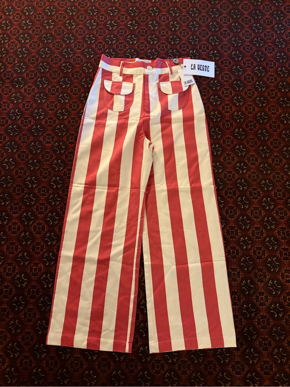La Veste Red & Cream Vertical Stripe Wide-Leg Pants